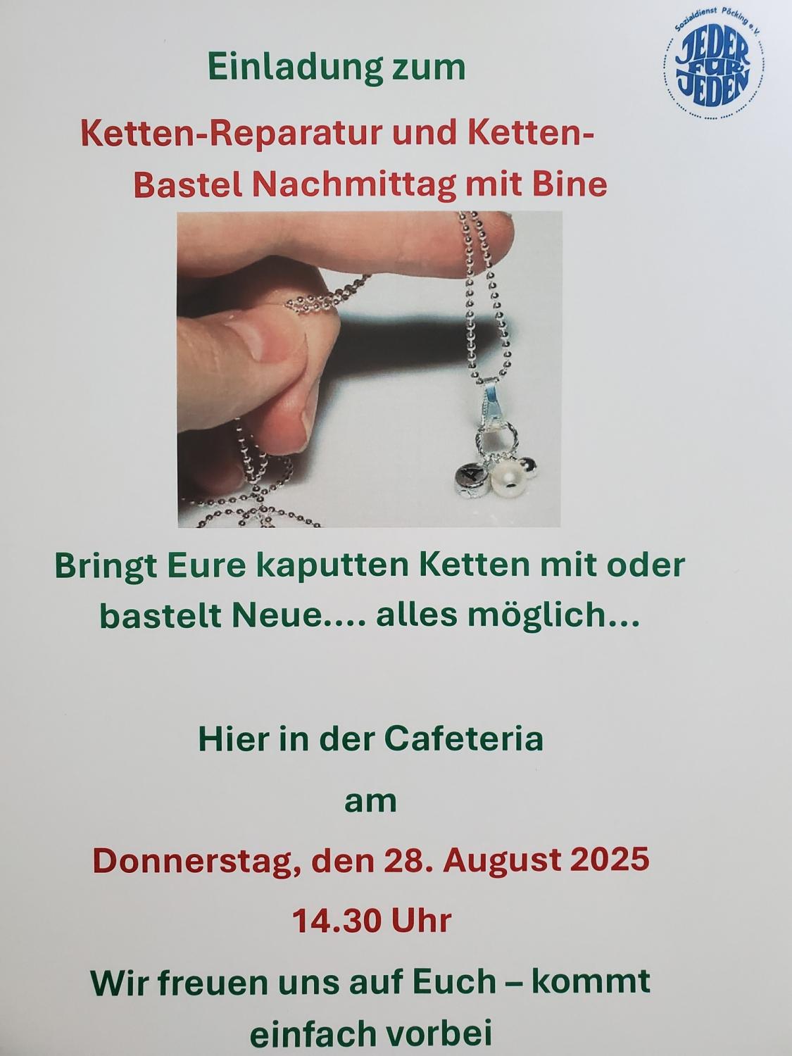 Ist möglicherweise ein Bild von ‎Text „‎Einladung zum Plekiges J Ketten Ketten-Reparatur und Ketten- Bastel Nachmittag mit Bine ول Bringt Eure kaputten Ketten mit oder bastelt Neue.... alles möglich... Hier in der Cafeteria am Donnerstag, den 28. August 2025 14.30 Uhr Wir freuen uns auf Euch -kommt einfach vorbei‎“‎